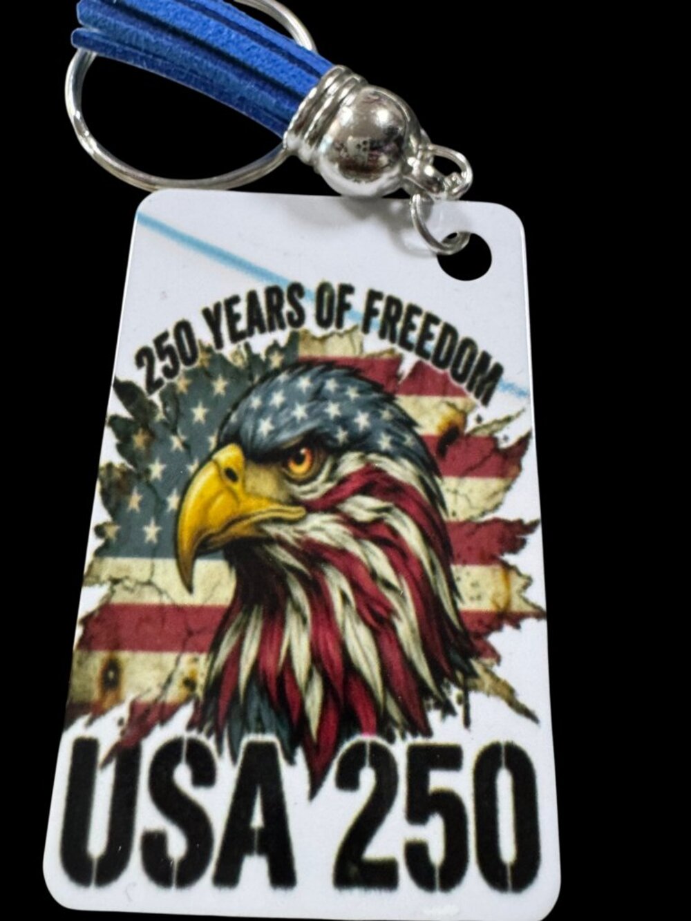 USA 250 Years of Freedom Patriotic Keychain, Metal, Bald Eagle American Flag Des